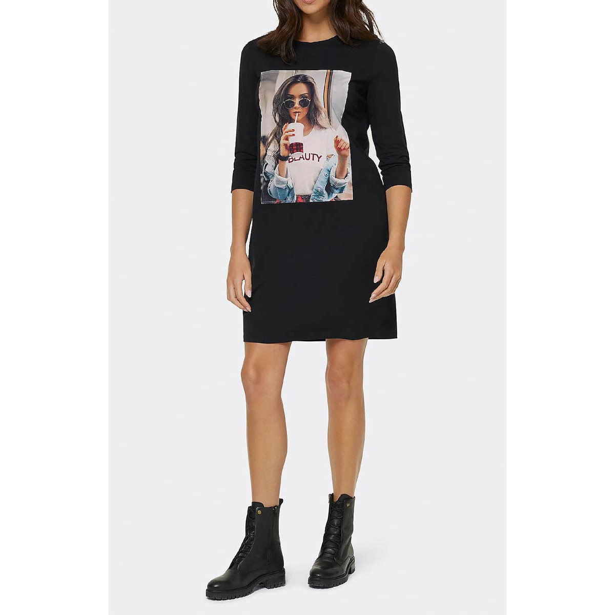 Jerseykleid m. Frontprint schwarz