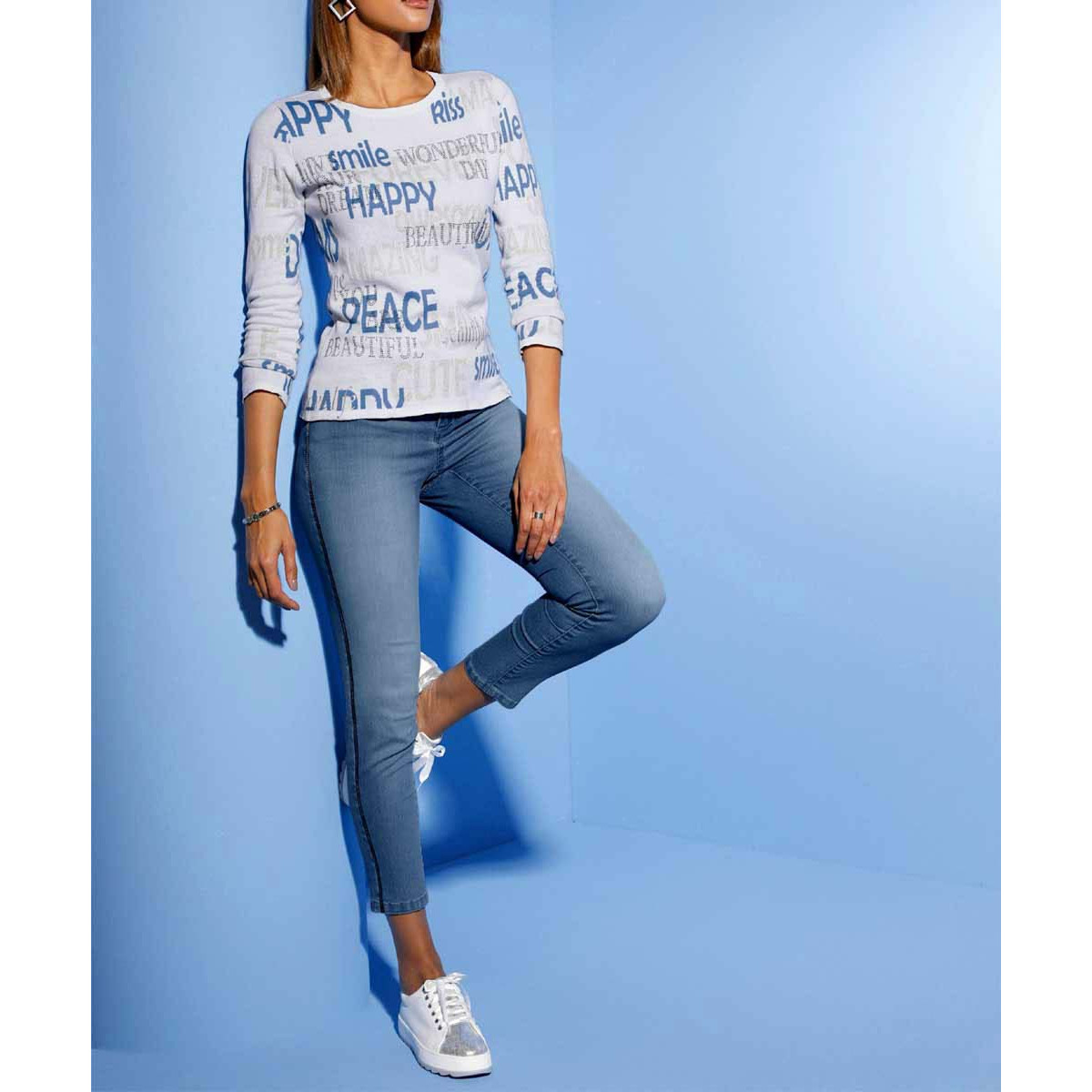 Jacquardstrickpullover m. Glitzersteinchen ecru-blau