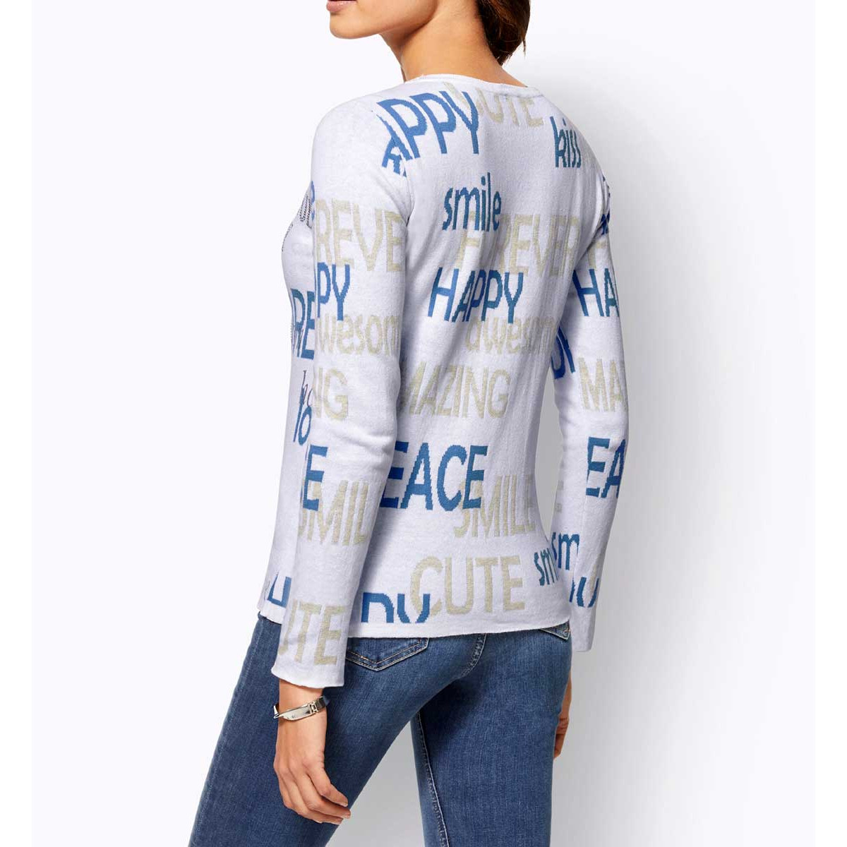 Jacquardstrickpullover m. Glitzersteinchen ecru-blau