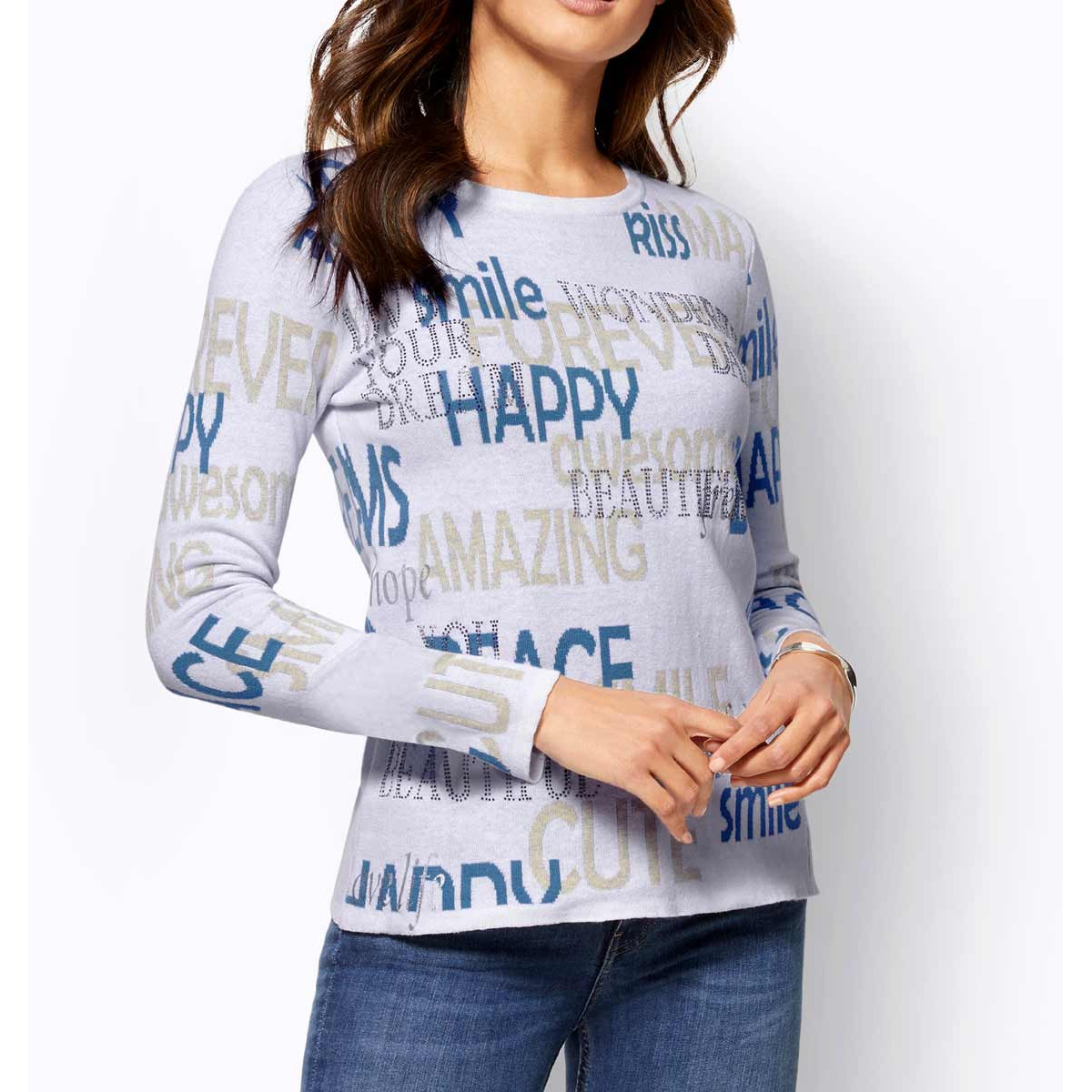 Jacquardstrickpullover m. Glitzersteinchen ecru-blau