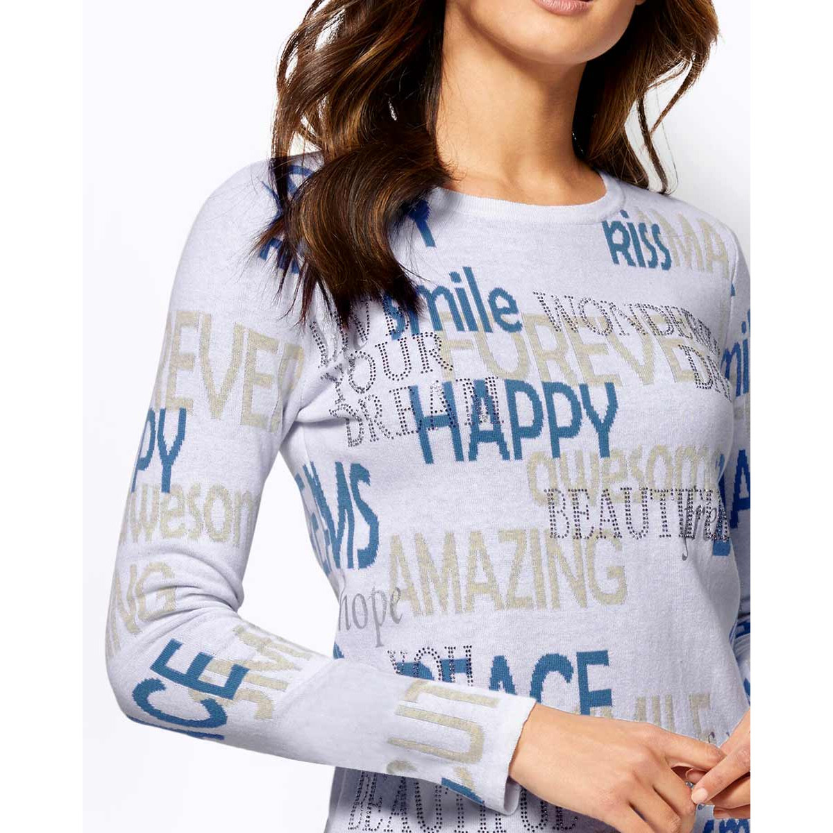 Jacquardstrickpullover m. Glitzersteinchen ecru-blau