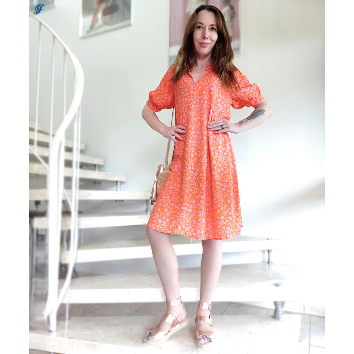 Marken-Blusen-Druckkleid orange-rosa