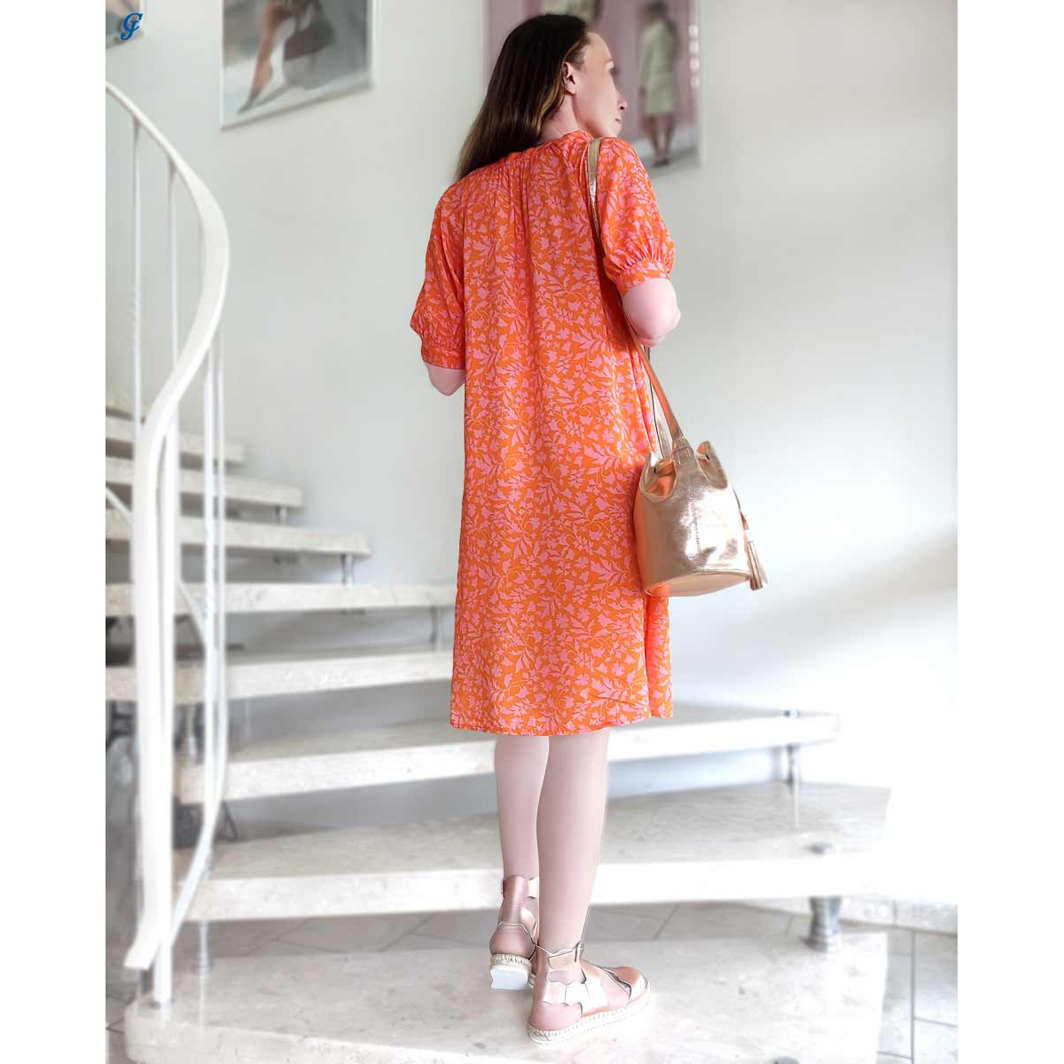 Marken-Blusen-Druckkleid orange-rosa