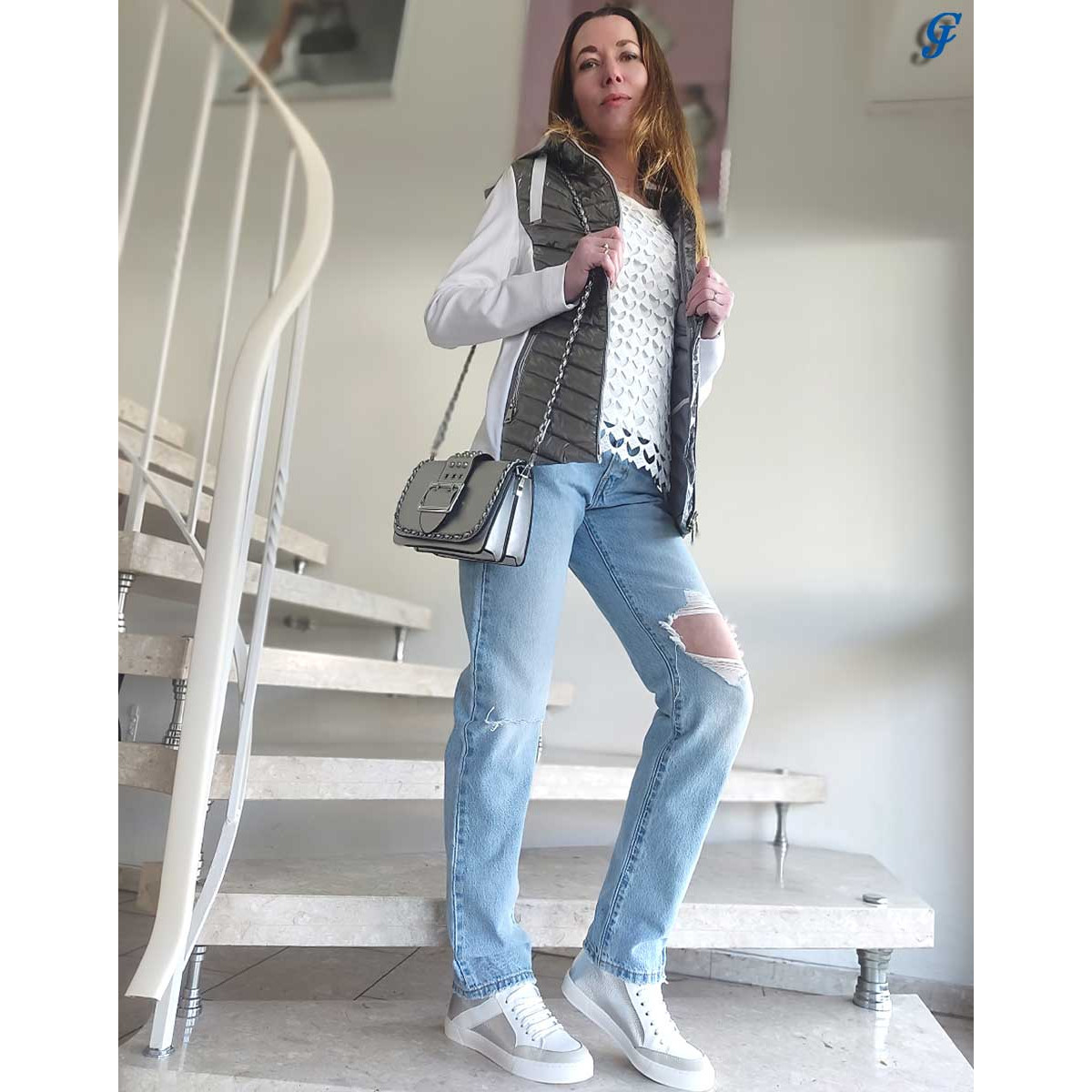 Designer-Stepp-Jersey-Jacke silber-ecru