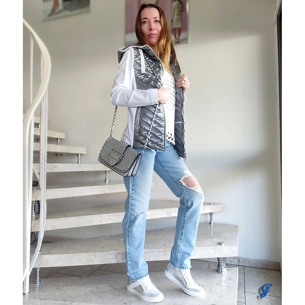 Designer-Stepp-Jersey-Jacke silber-ecru