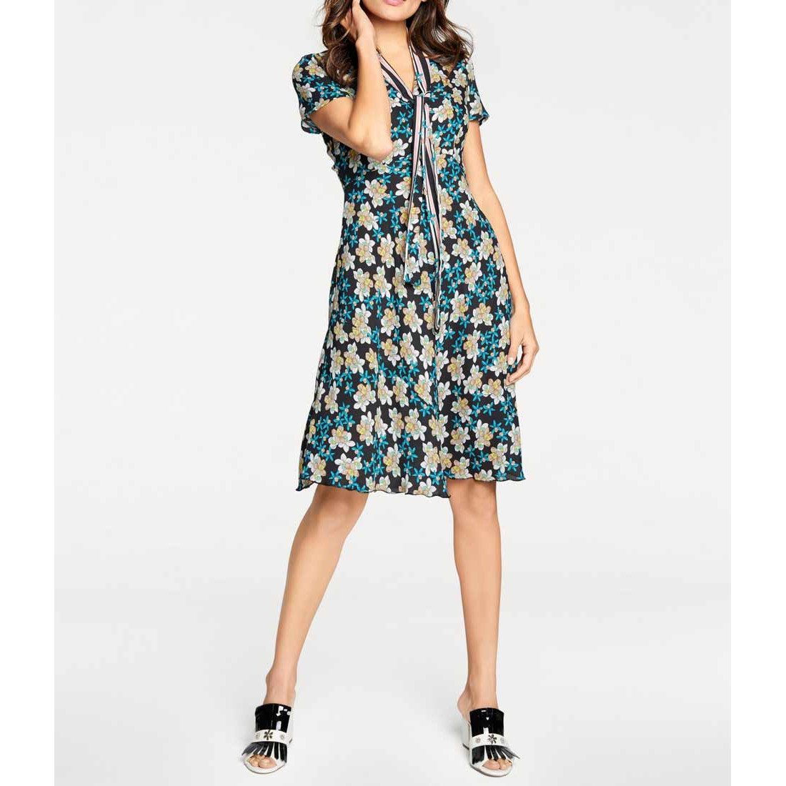 Designer-Druckkleid m. Schluppe bunt