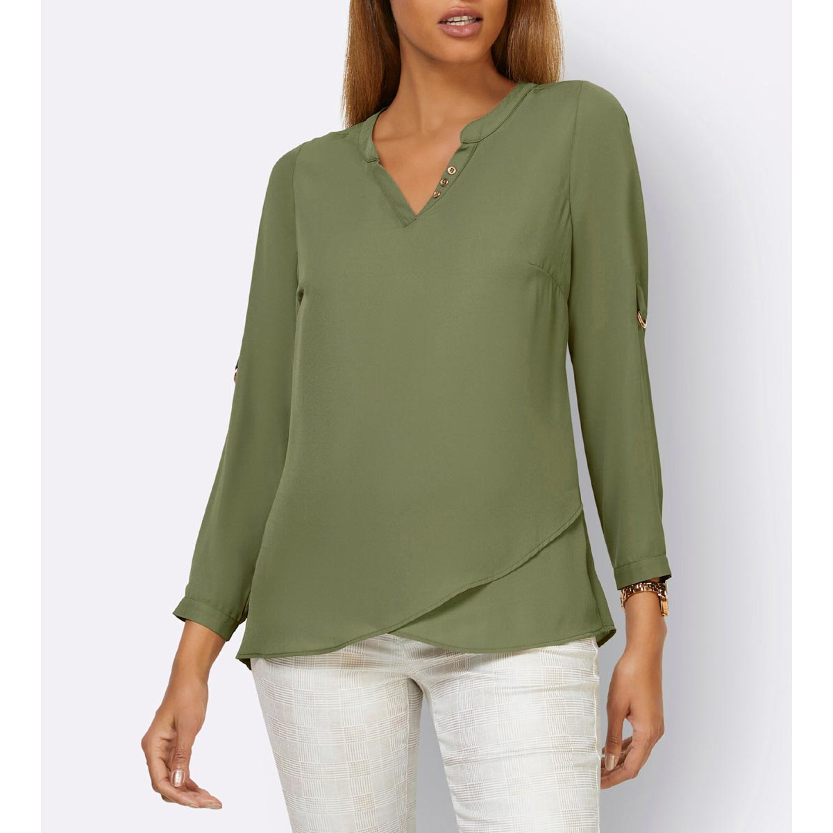 Bluse m.Krempelärmel und Zierknöpfen khaki