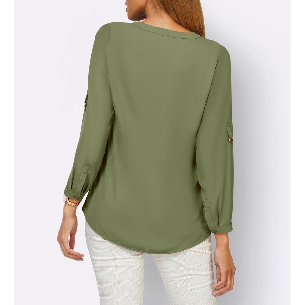 Bluse m.Krempelärmel und Zierknöpfen khaki