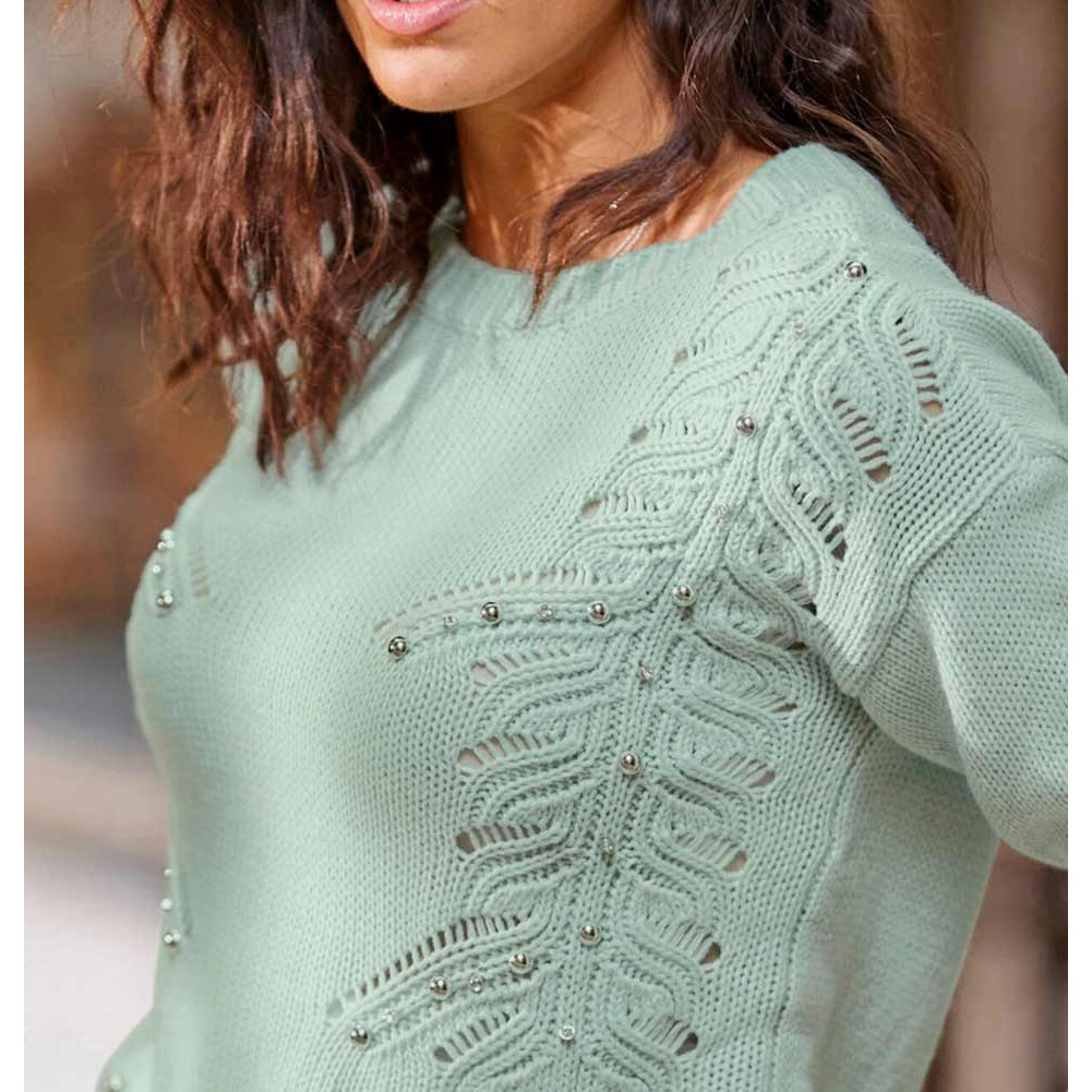 Designer-Ajourpullover m.Schmucksteinen kalkmint