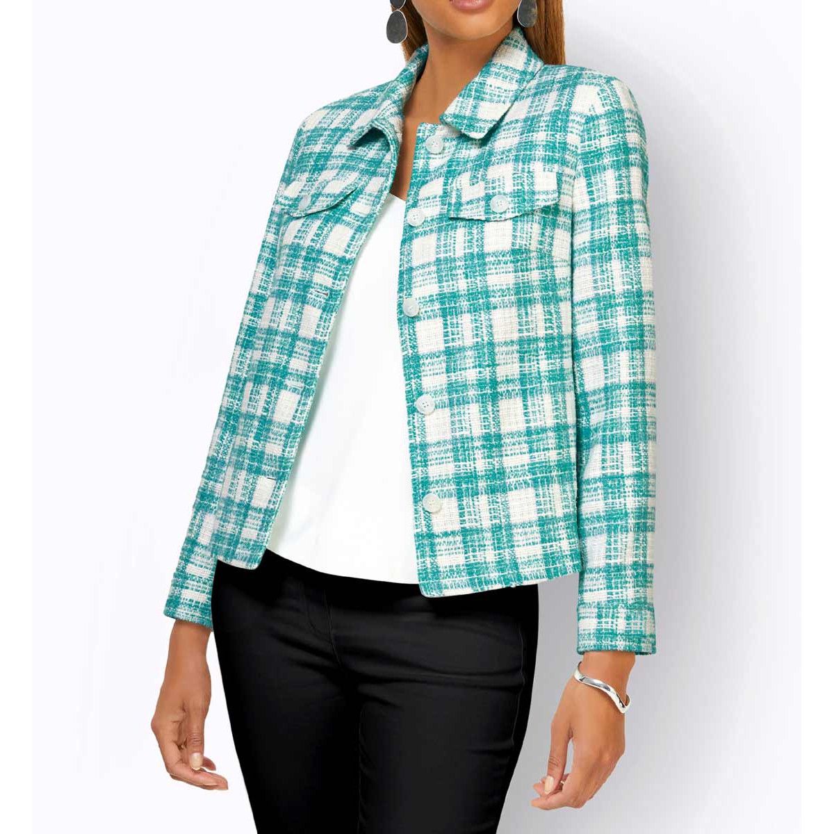 Bouclé-Blazer in Karodessin aquamarin-weiß