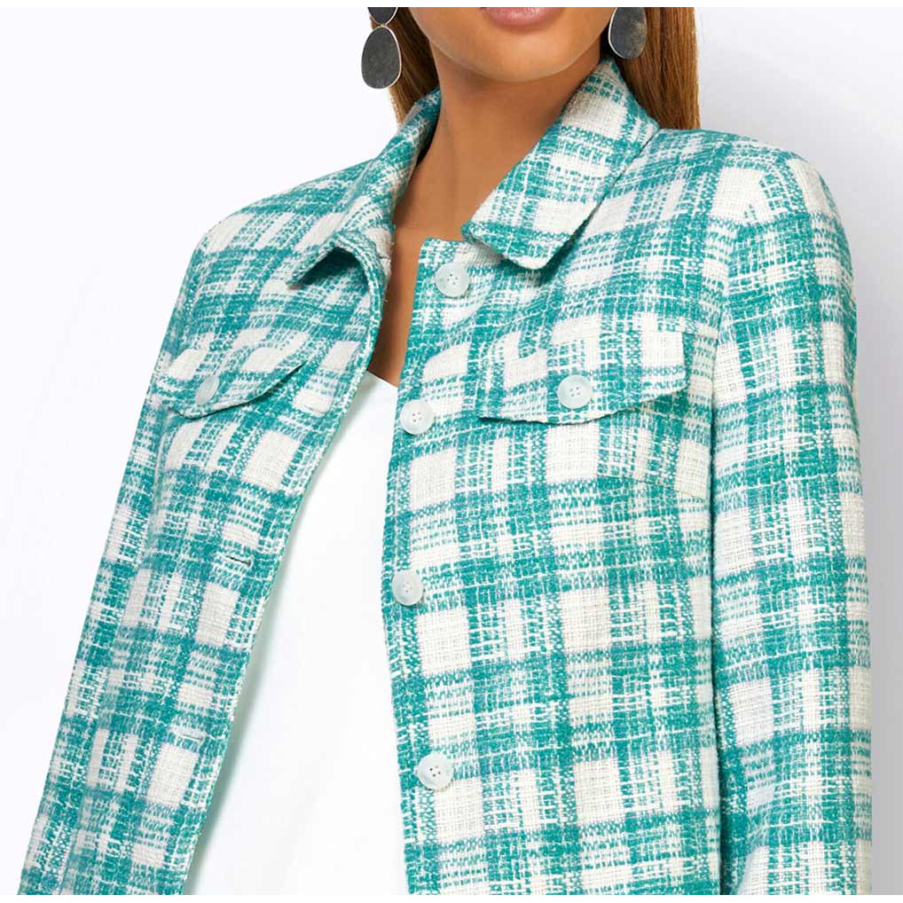Bouclé-Blazer in Karodessin aquamarin-weiß