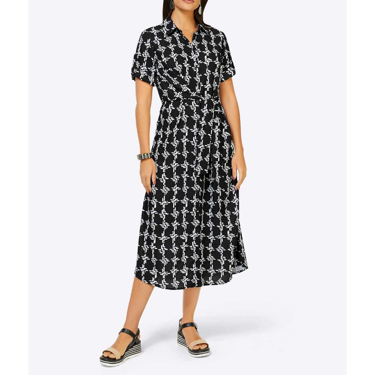 Druckkleid m. Krempelärmeln schwarz-weiß