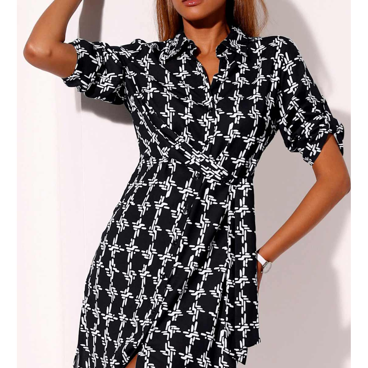 Druckkleid m. Krempelärmeln schwarz-weiß