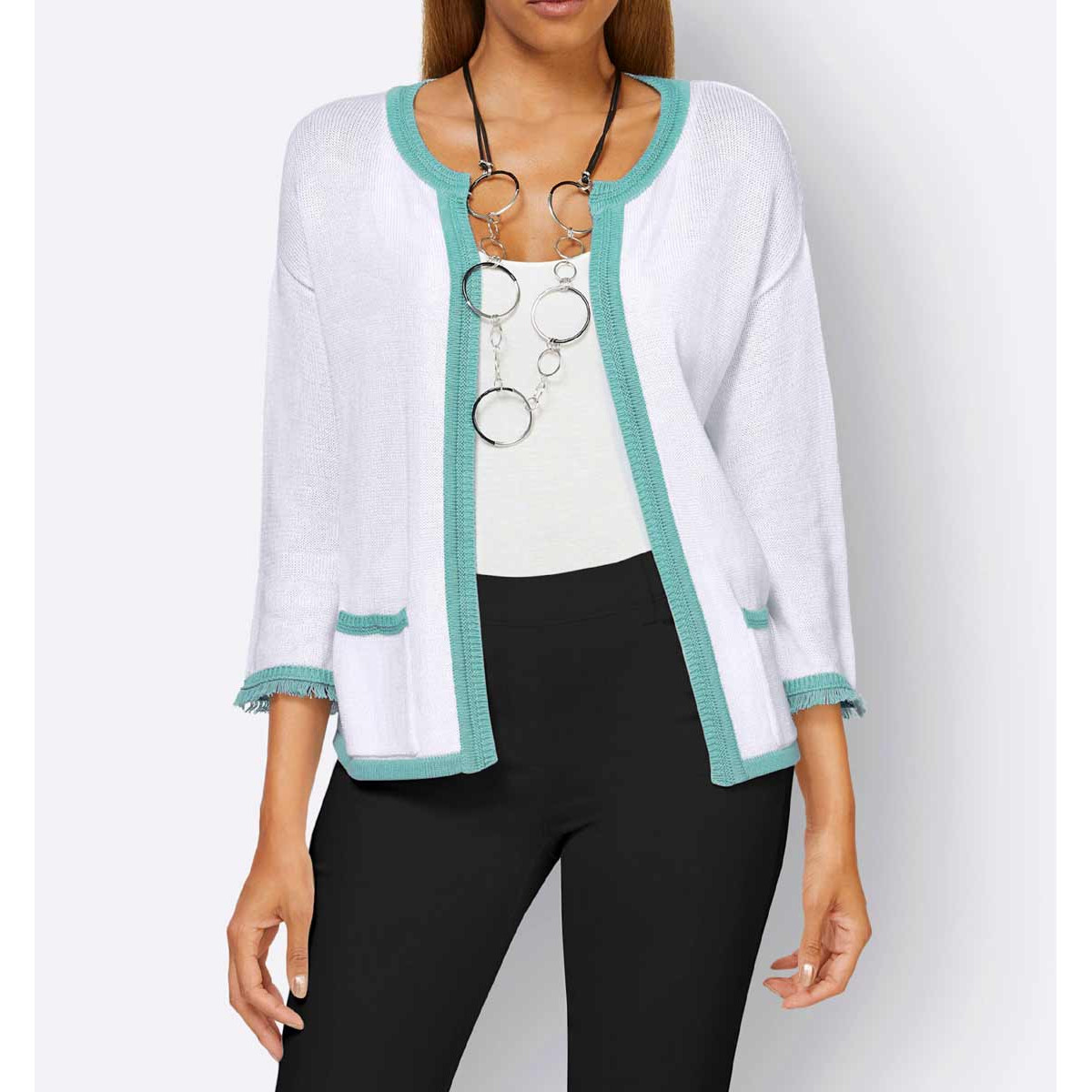 Strickjacke m. Fransen weiß-aquamarin