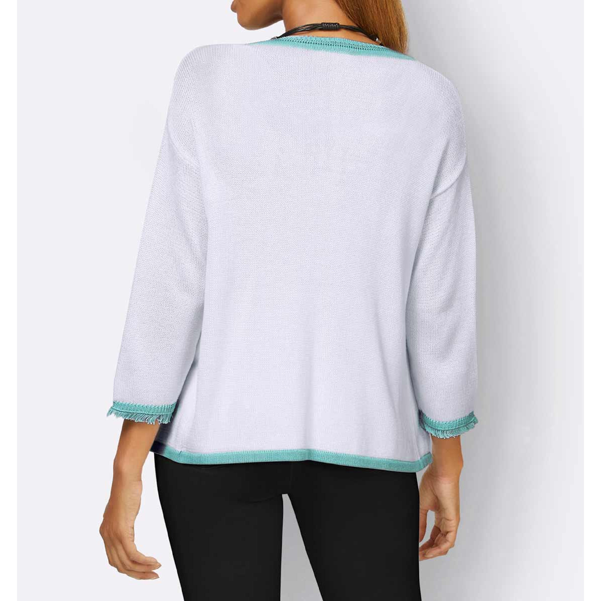 Strickjacke m. Fransen weiß-aquamarin