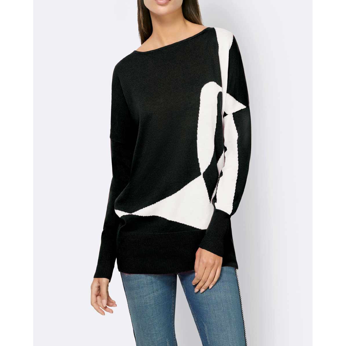 Designer-Intarsien-Pullover schwarz-ecru