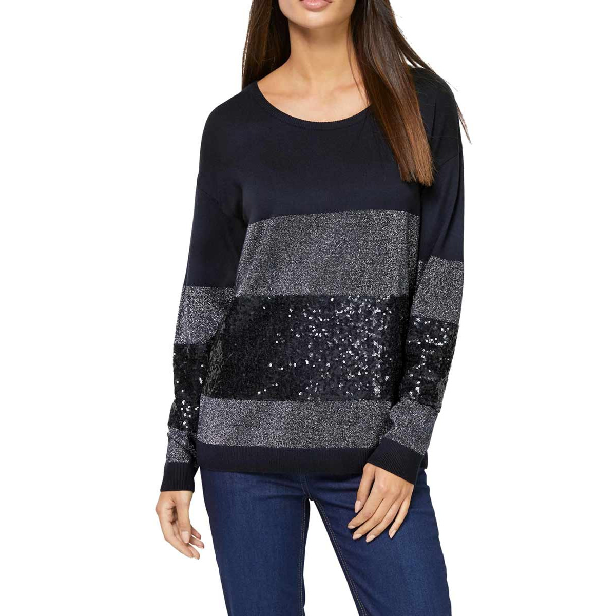 Designer-Pullover m. Pailletten marine-steingrau
