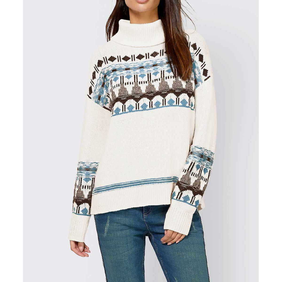 Designer-Pullover elfenbein-grau-gemustert