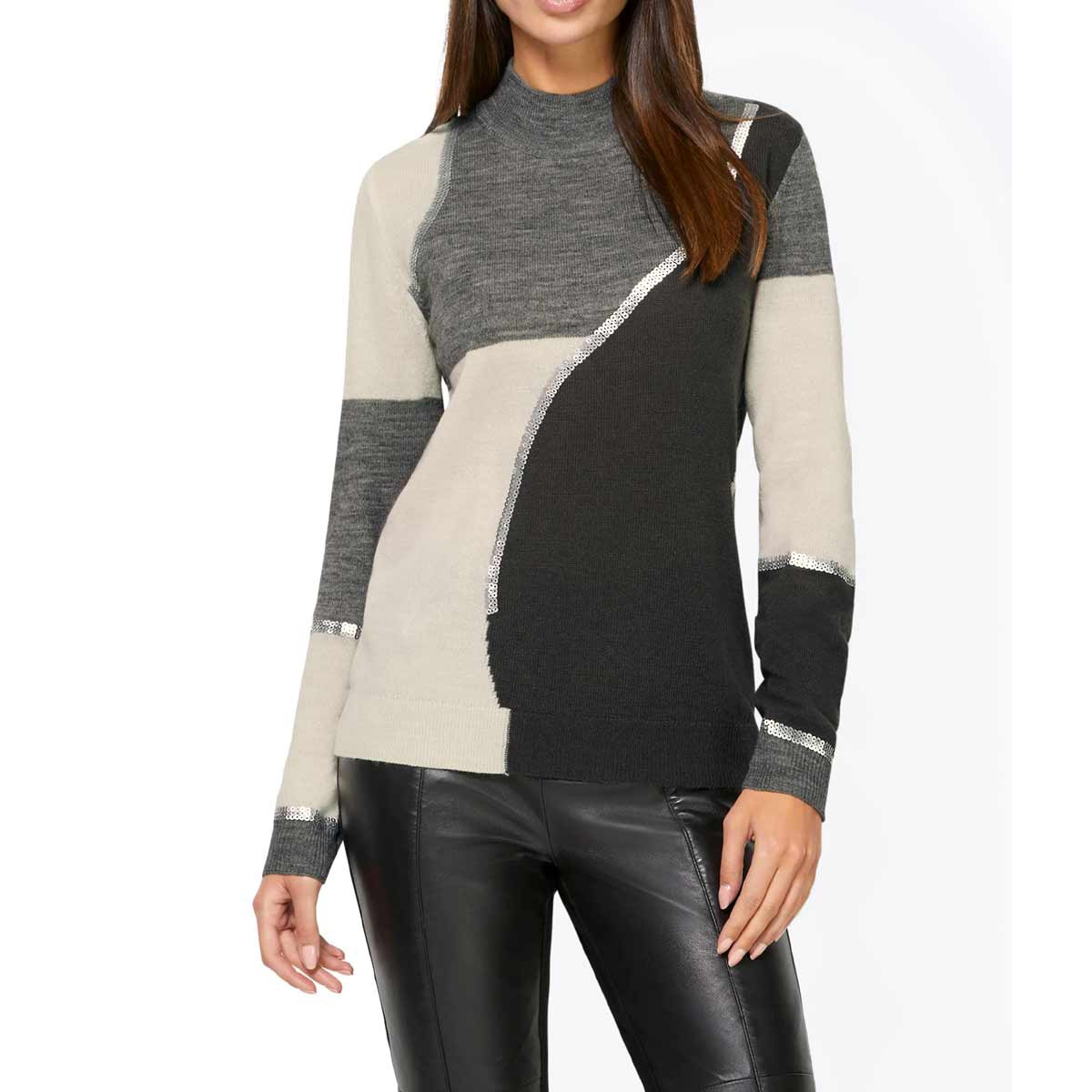 Designer-Wollpullover m. Pailletten grau-ecru