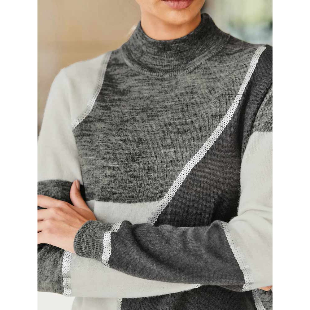 Designer-Wollpullover m. Pailletten grau-ecru