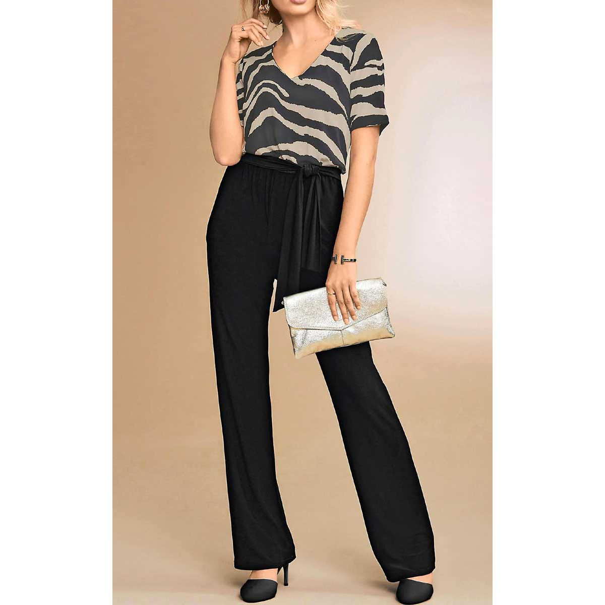 Satin-Druckbluse schwarz-camel