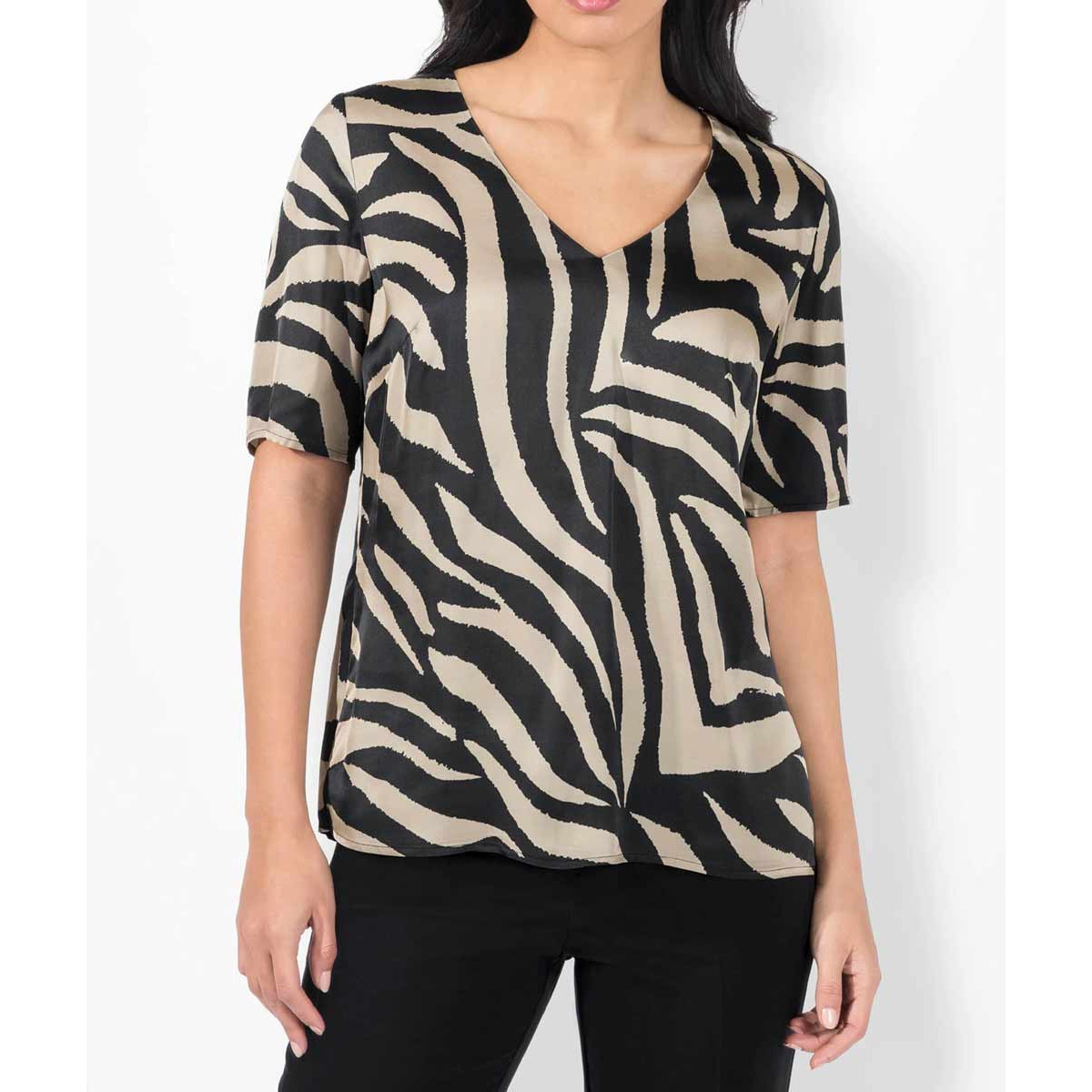 Satin-Druckbluse schwarz-camel
