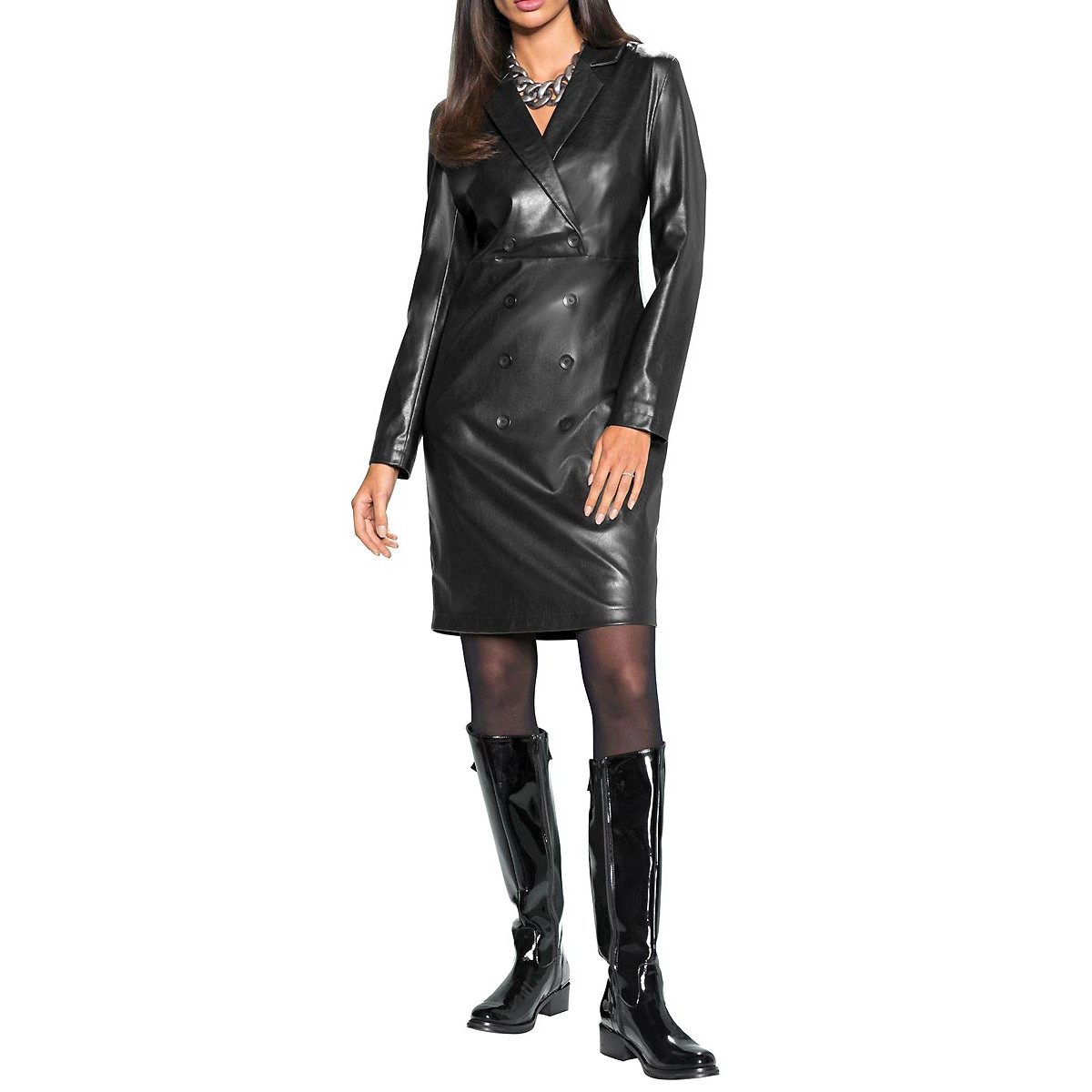 Designer-Lederimitatkleid m.Knöpfen schwarz