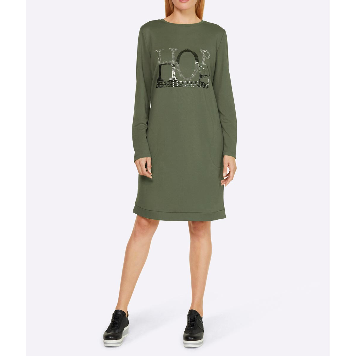 Designer-Sweatshirtkleid m. Ziersteinen khaki