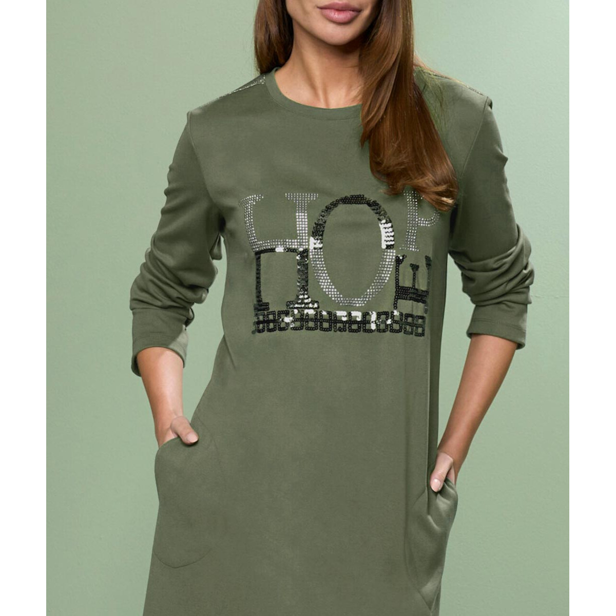 Designer-Sweatshirtkleid m. Ziersteinen khaki