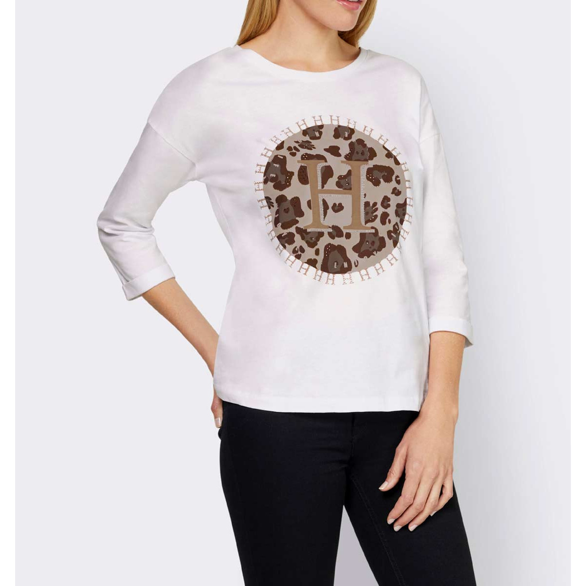 Designer-Shirt m.Motivdruck und Glitzersteinen ecru