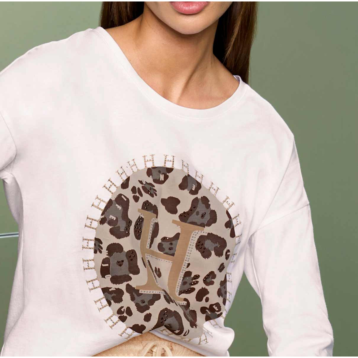 Designer-Shirt m.Motivdruck und Glitzersteinen ecru