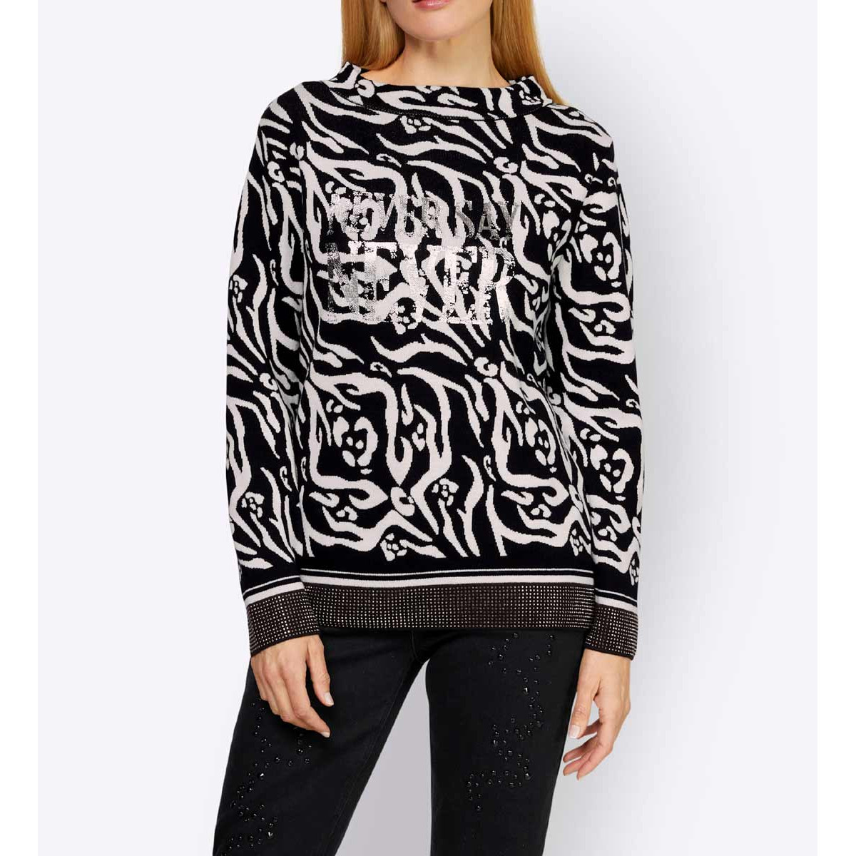 Designer-Jacquardpullover schwarz-ecru