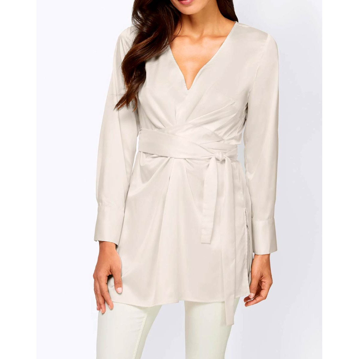 Designer-Longbluse m. Bindebändern ecru