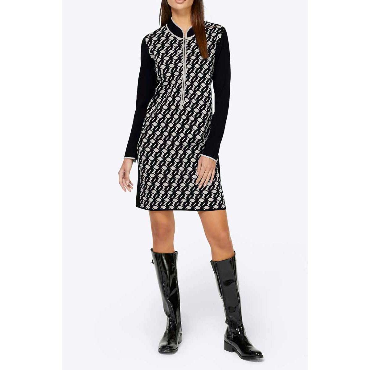 Designer-Strickkleid schwarz-ecru-gemustert