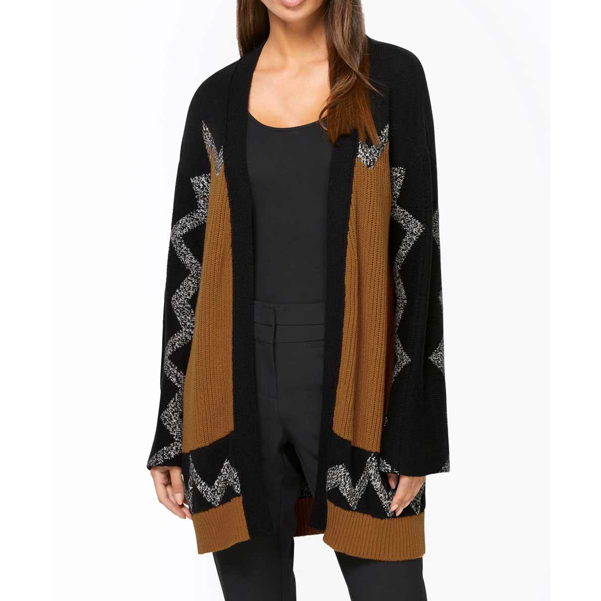 Designer-Strickjacke schwarz-cognac-gemustert