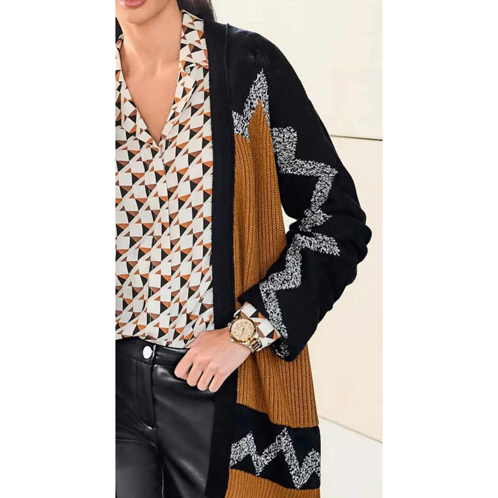 Designer-Strickjacke schwarz-cognac-gemustert