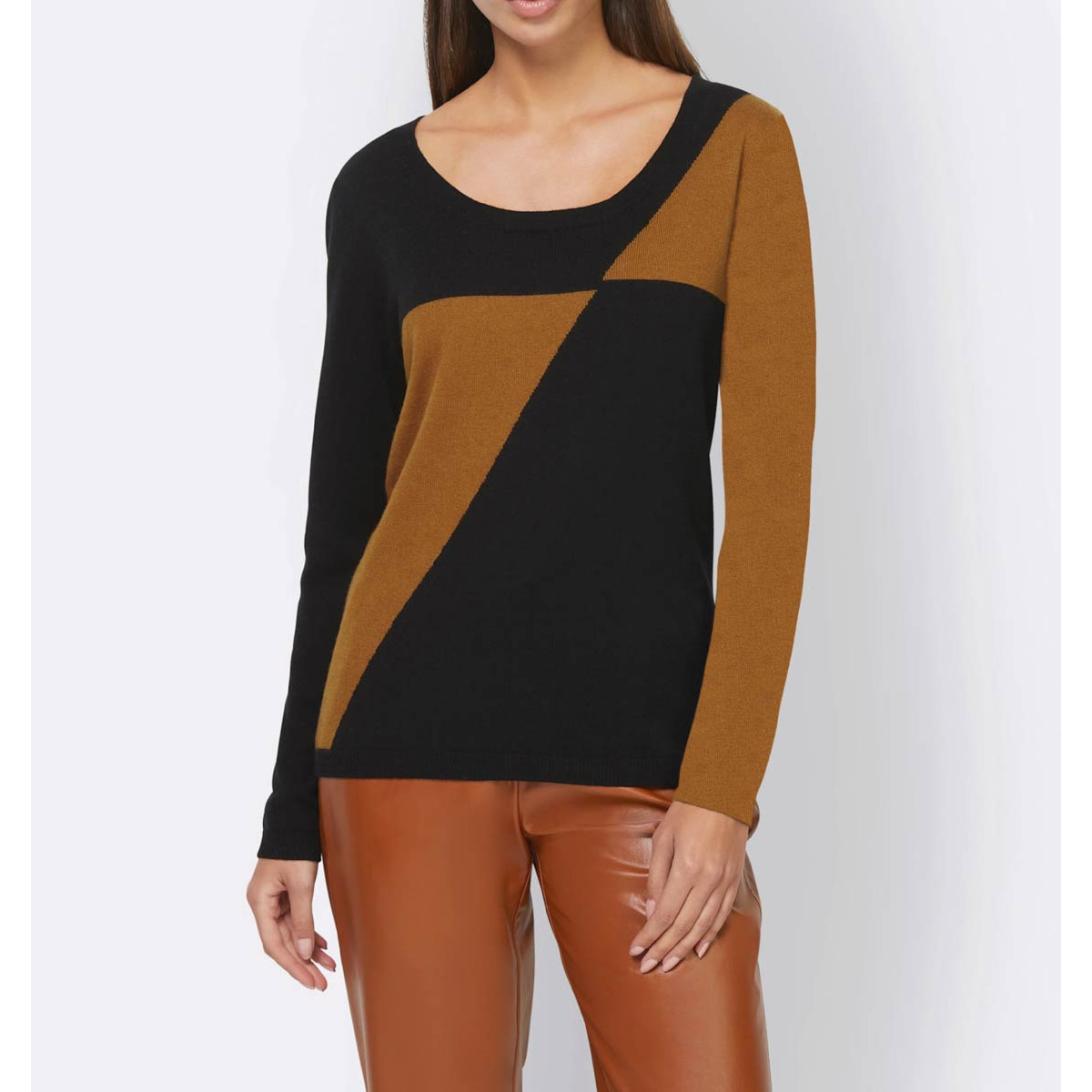 Designer-Pullover m. Kaschmir schwarz-cognac