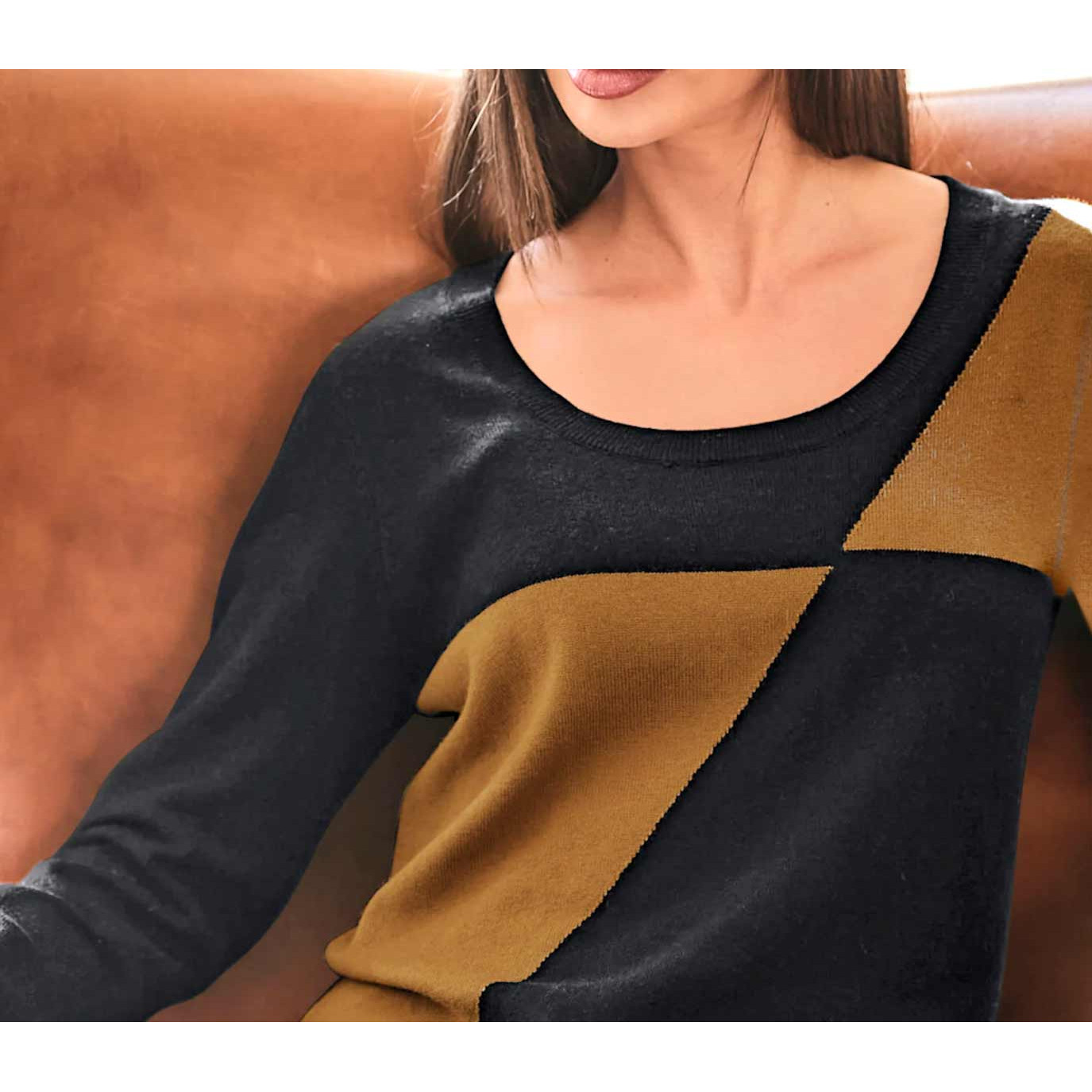 Designer-Pullover m. Kaschmir schwarz-cognac