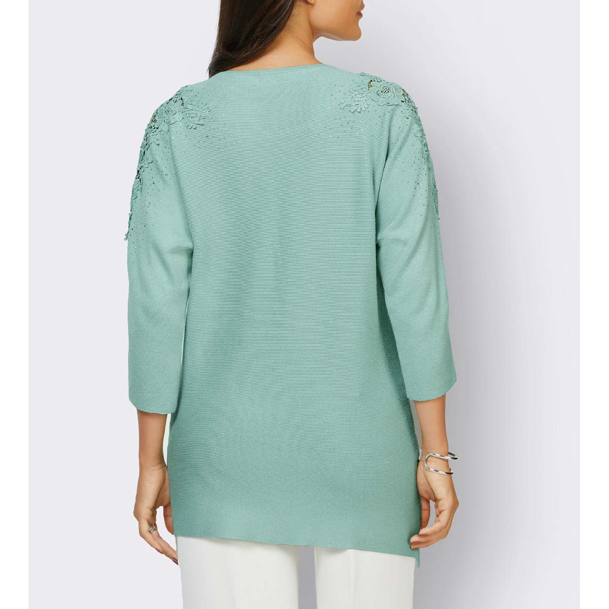 3/4-Ärmel-Pullover m.Spitzeneinsatz u.Ziersteinchen kalkmint