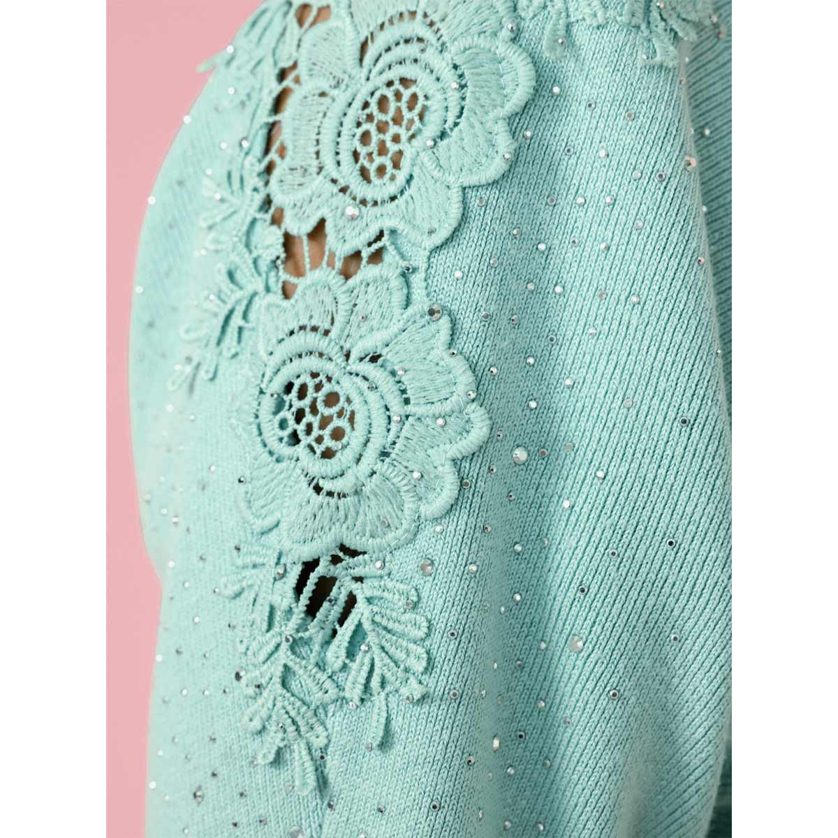 3/4-Ärmel-Pullover m.Spitzeneinsatz u.Ziersteinchen kalkmint