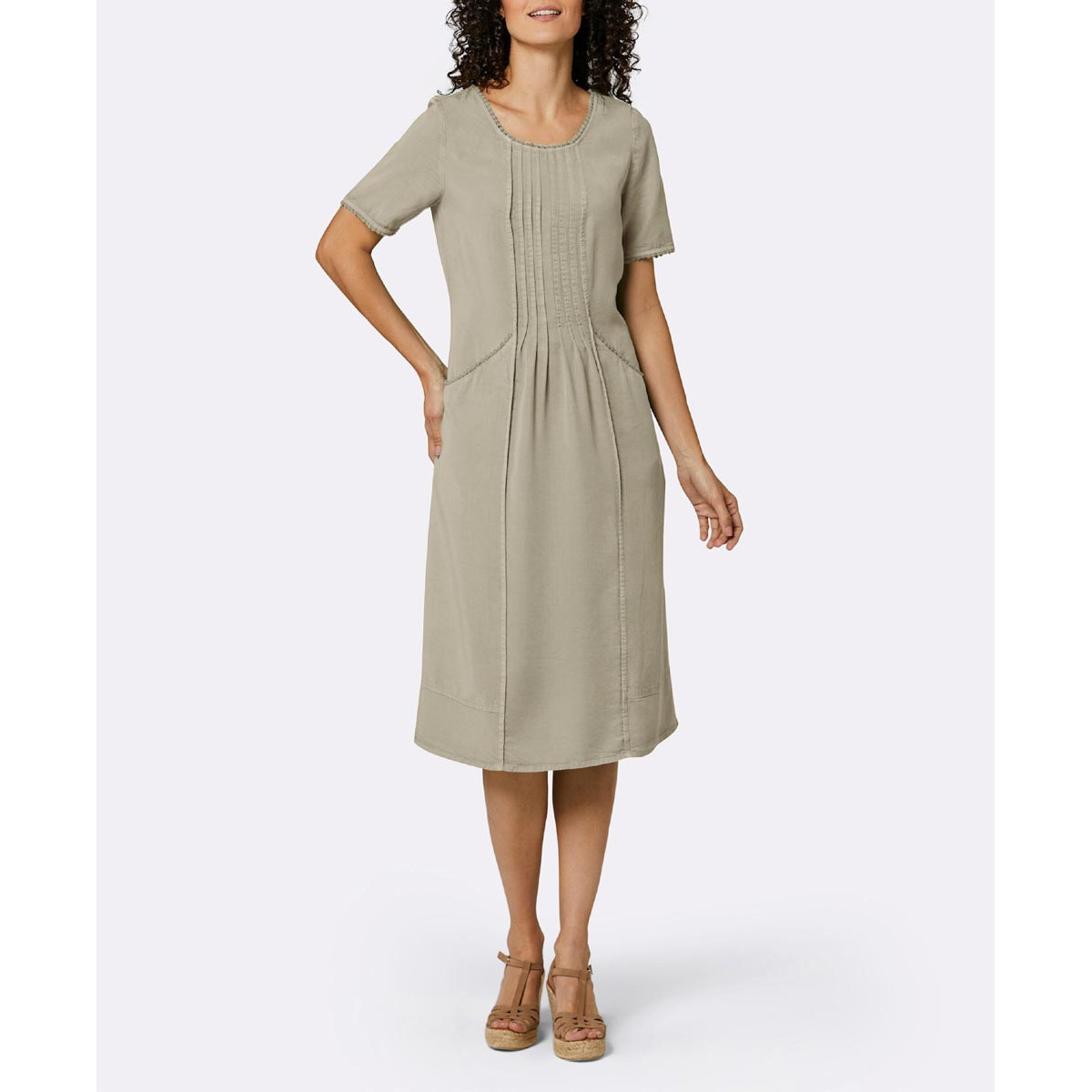 Lyocell-Kleid m.Biesen und Spitzenborte sesam