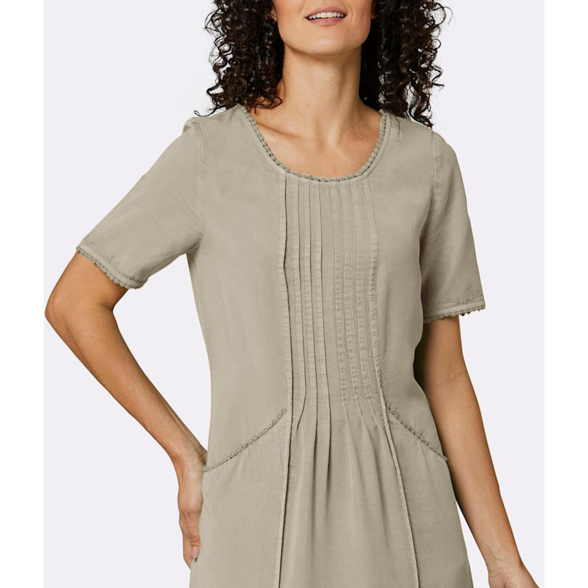 Lyocell-Kleid m.Biesen und Spitzenborte sesam