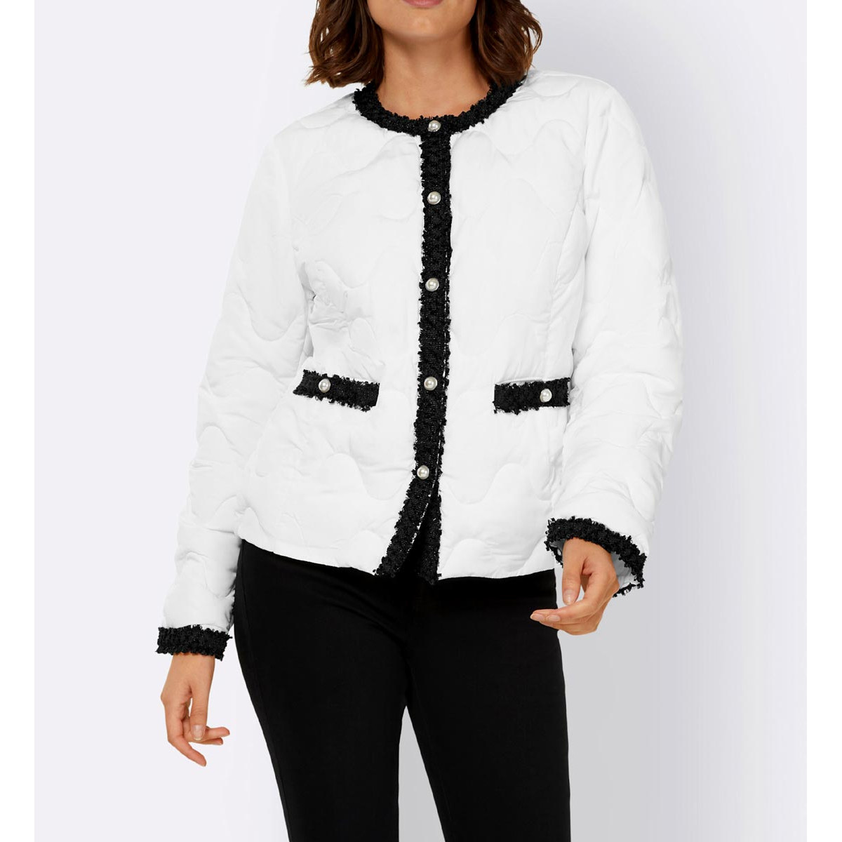 Designer-Steppjacke m. Bouclé weiß-schwarz