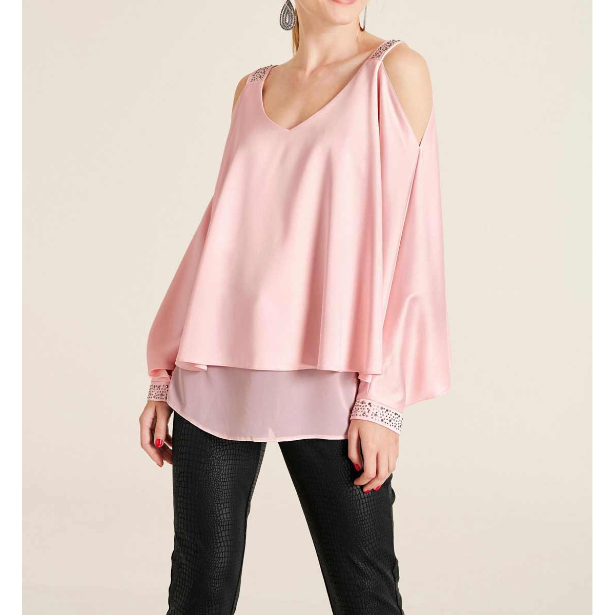 Designer-Satinbluse m. Cut-Outs rosé