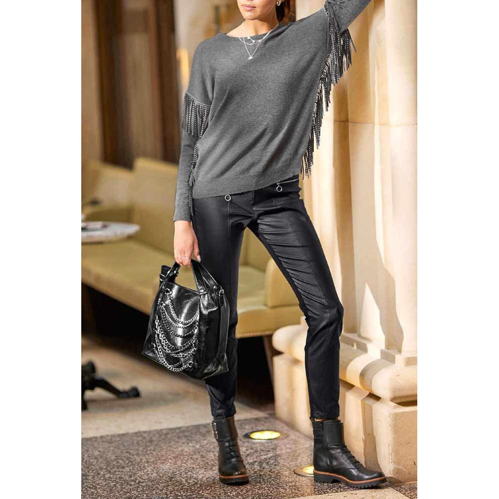 Pullover m. Fransen u. Nieten grau