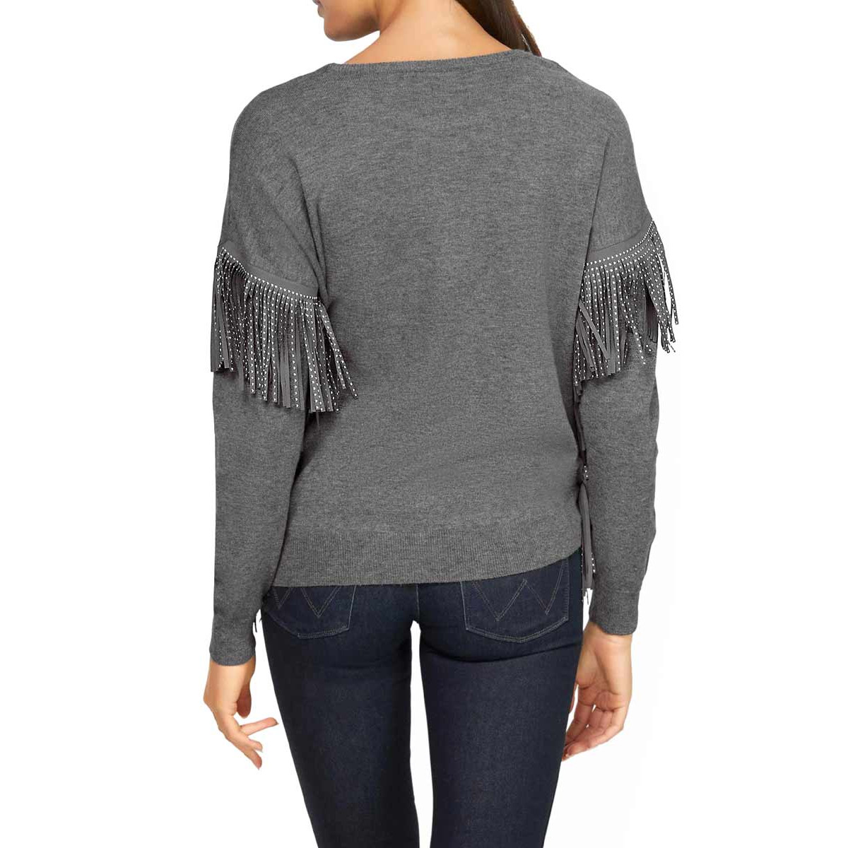Pullover m. Fransen u. Nieten grau
