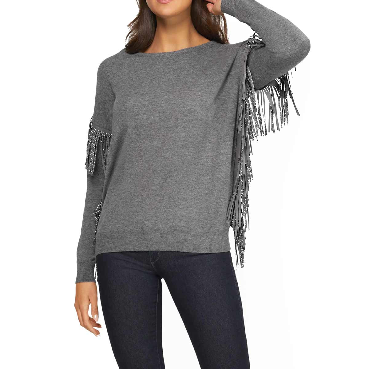 Pullover m. Fransen u. Nieten grau