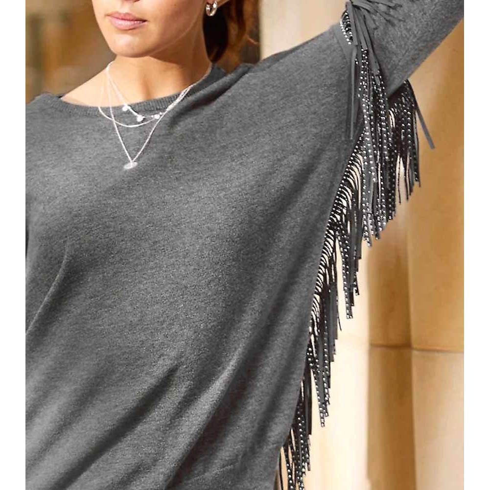 Pullover m. Fransen u. Nieten grau