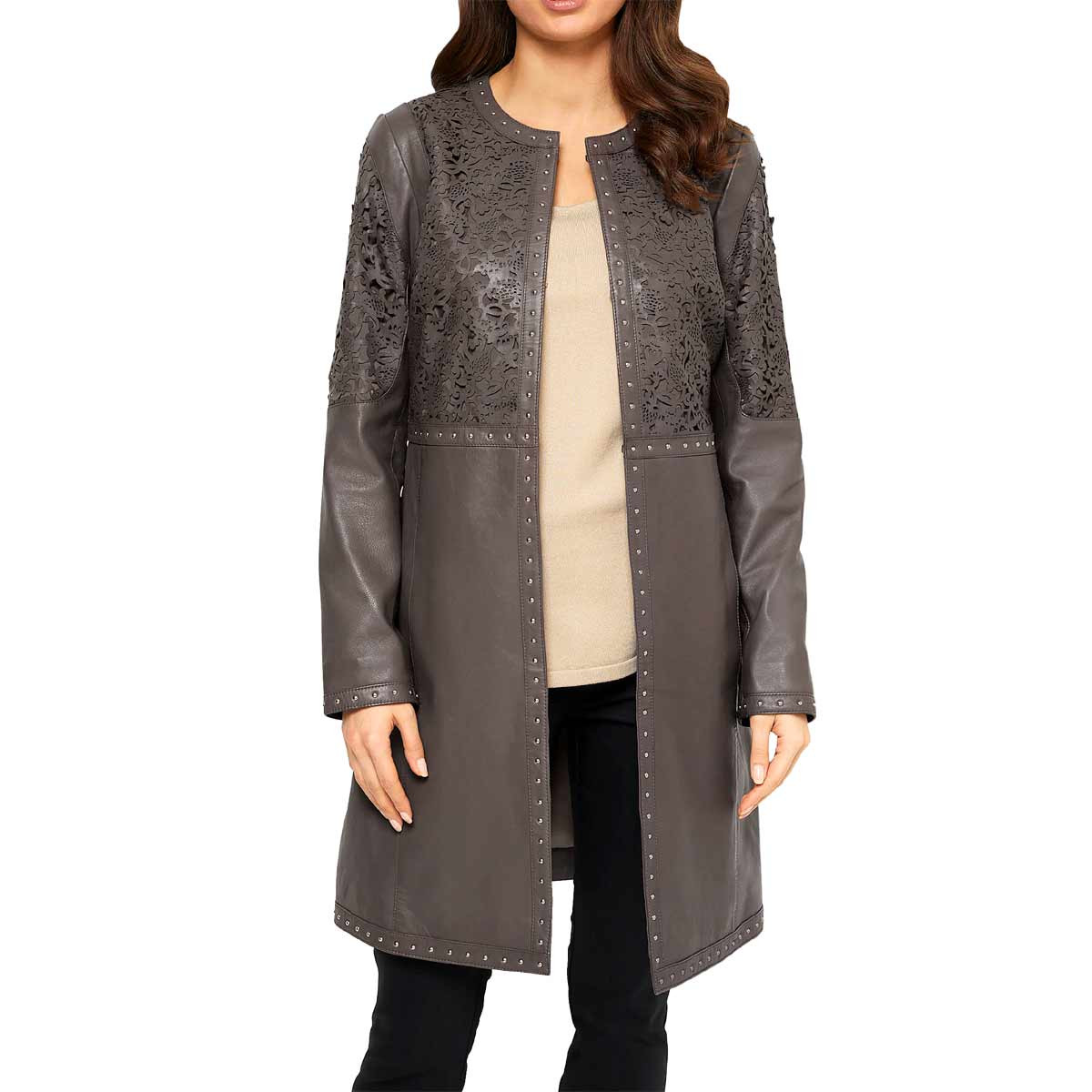 Designer-Lammnappaledermantel m. Cut-Outs taupe