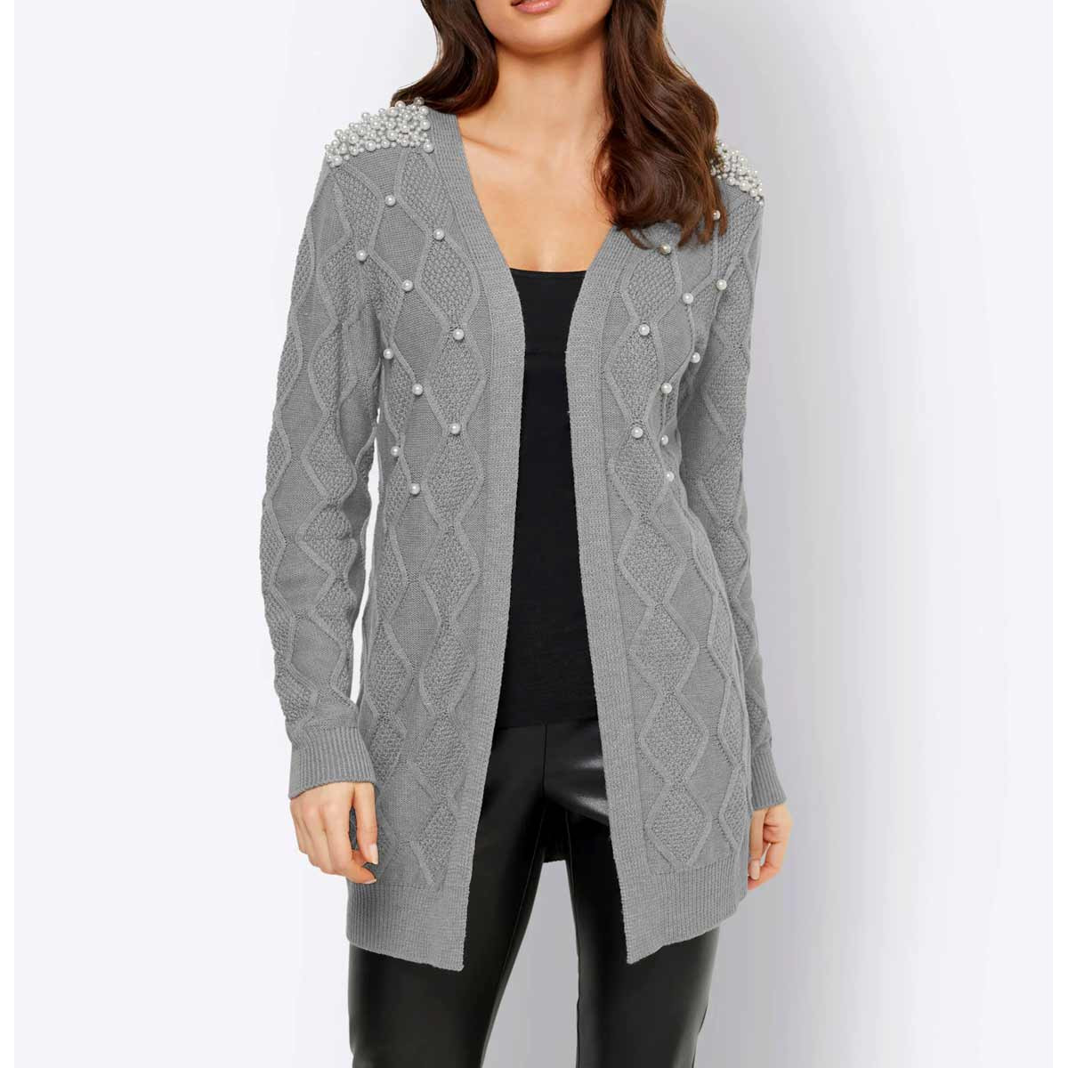 Designer-Longstrickjacke m. Perlen grau